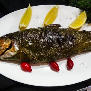 Форель с кизилом в виноградных листьях (Trout with Cornel in Grape Leaves)