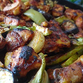 Курица в мацони жареная с овощами на кеци (Roasted Chicken in Yoghurt with Vegetables)