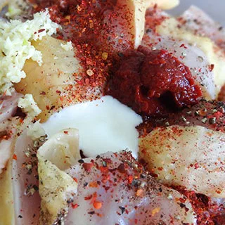 Курица в мацони жареная с овощами на кеци (Roasted Chicken in Yoghurt with Vegetables)