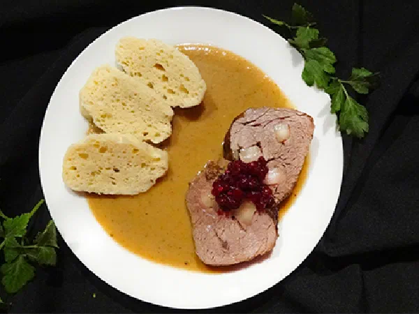 Свичкова на сметане (Beef Tenderloin with Cream Sauce, Dumplings and Cranberry Jam)