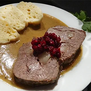 Свичкова на сметане (Beef Tenderloin with Cream Sauce, Dumplings and Cranberry Jam)