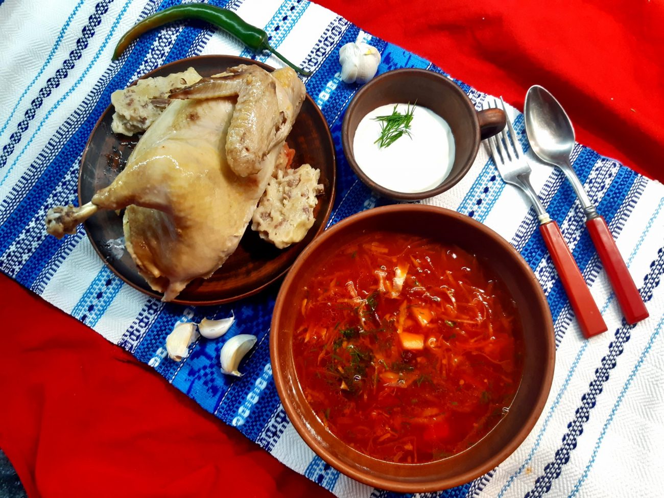 Борщ на петухе с галушкой с потрохами (Ukrainian borsch Stuffed Cock)